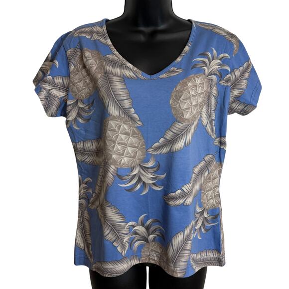 Hibiscus Hawaii Tops - Hibiscus Hawaii Top Large L Blue Pineapple V-Neck Short Sleeve Women Aloha New
